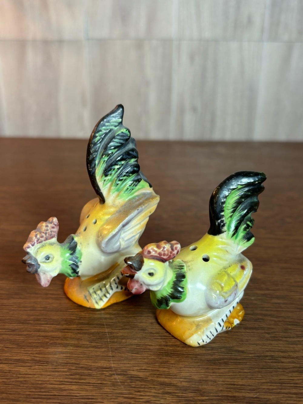 Yellow Green Ceramic Rooster Salt and Pepper Shakers Set Made in Japan